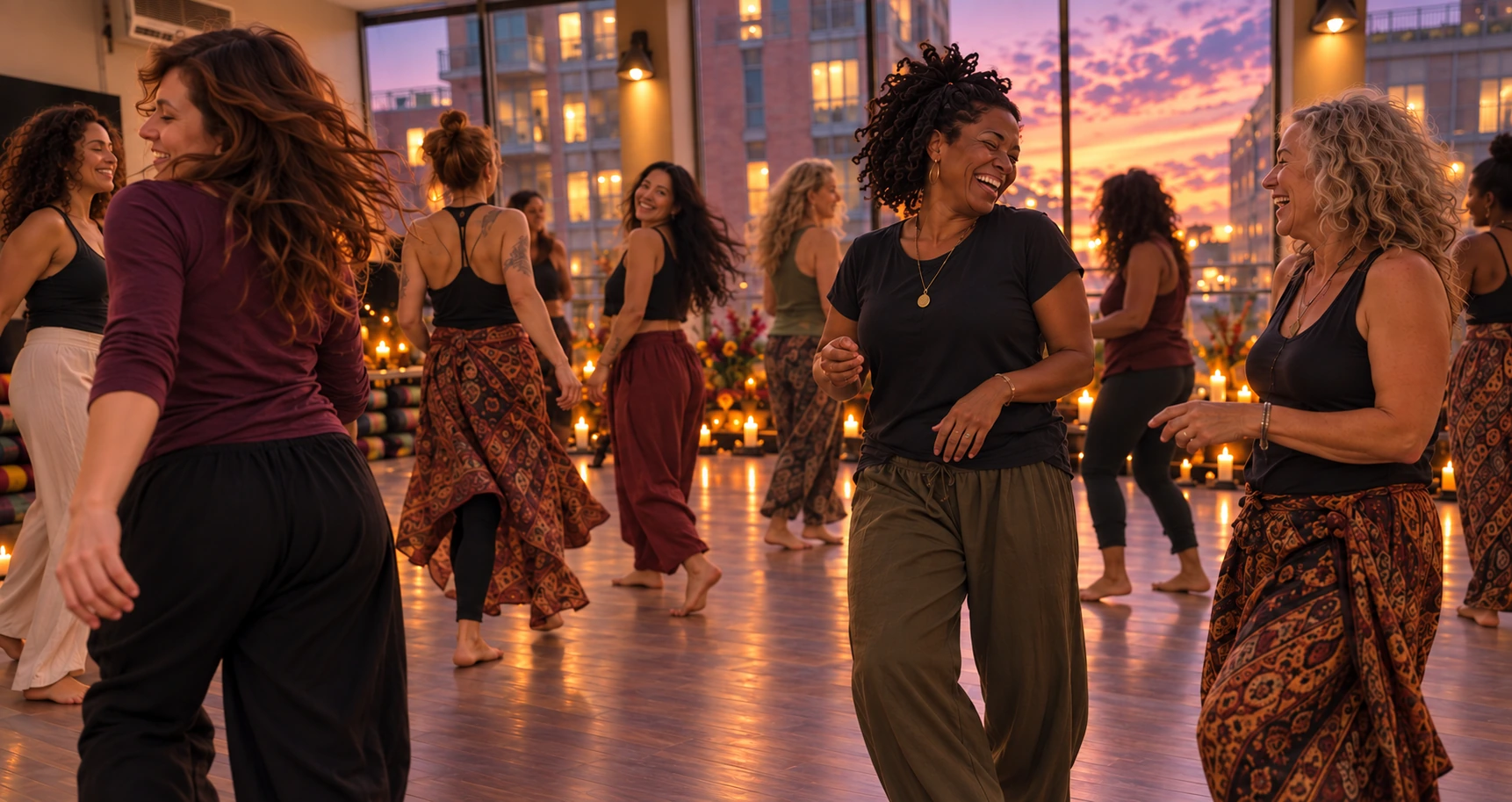Women laughing and dancing together in a candlelit studio at sunset